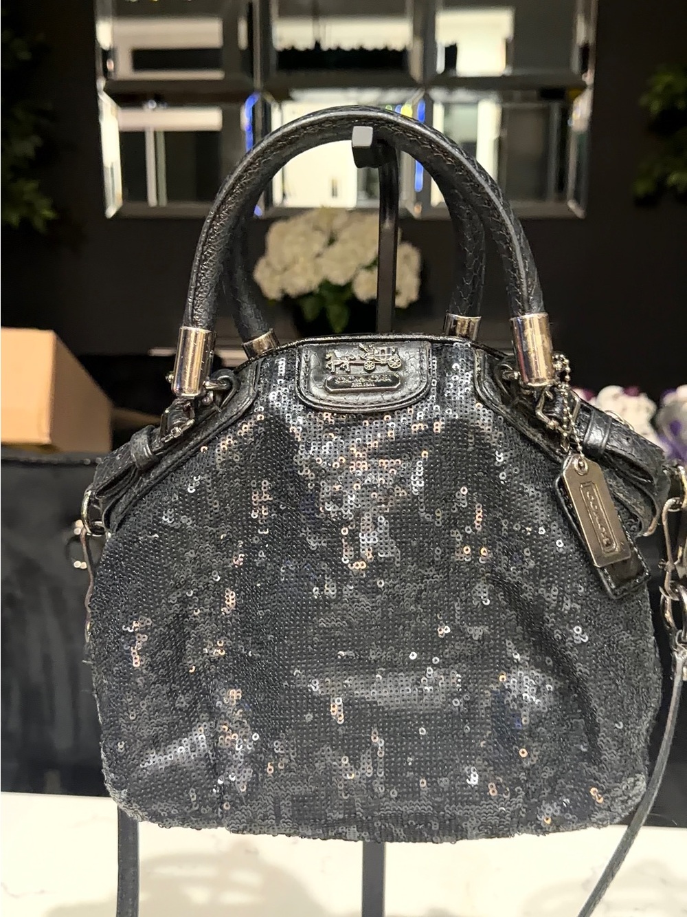 Coach Madison Sophia Black Sequin Satchel with Gold Tag